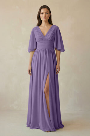 Tahiti Half Sleeve V-Neck A-Line Chiffon Bridesmaid Gown | KISSBRIDAL