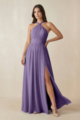 Tahiti Halter Neck Ruched A-Line Chiffon Bridesmaid Dress | KISSBRIDAL