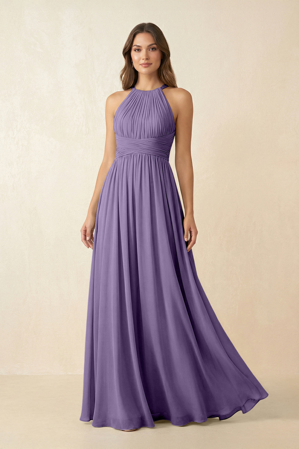Halter Pleated A-Line Chiffon Bridesmaid Dress in Tahiti