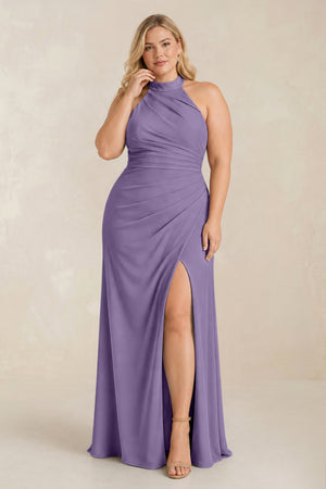 Tahiti High Neck Chiffon Sheath Ruched Bridesmaid Dress [sizeplus] | KISSBRIDAL