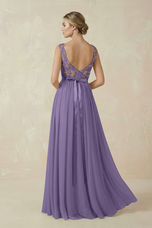 Tahiti Lace A-Line Bateau Neck Chiffon Long Bridesmaid Dress (2) | KISSBRIDAL