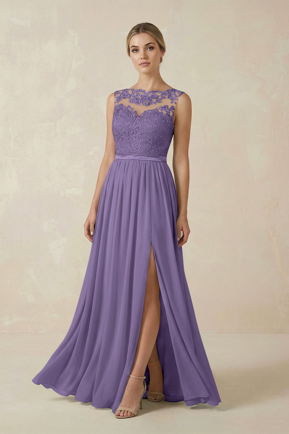 Lace A-Line Bateau Neck Chiffon Long Bridesmaid Dress in Tahiti