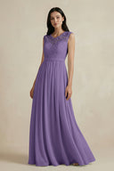 Tahiti Lace Chiffon A-Line Round Neck Bridesmaid Dress | KISSBRIDAL