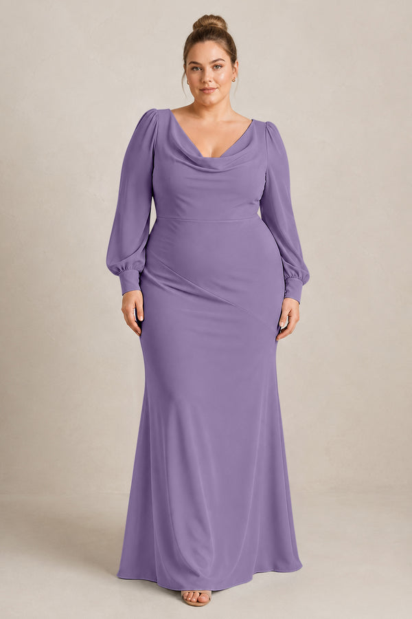 Tahiti Long Sleeve V-Neck Sheath Chiffon Bridesmaid Dress [sizeplus] | KISSBRIDAL