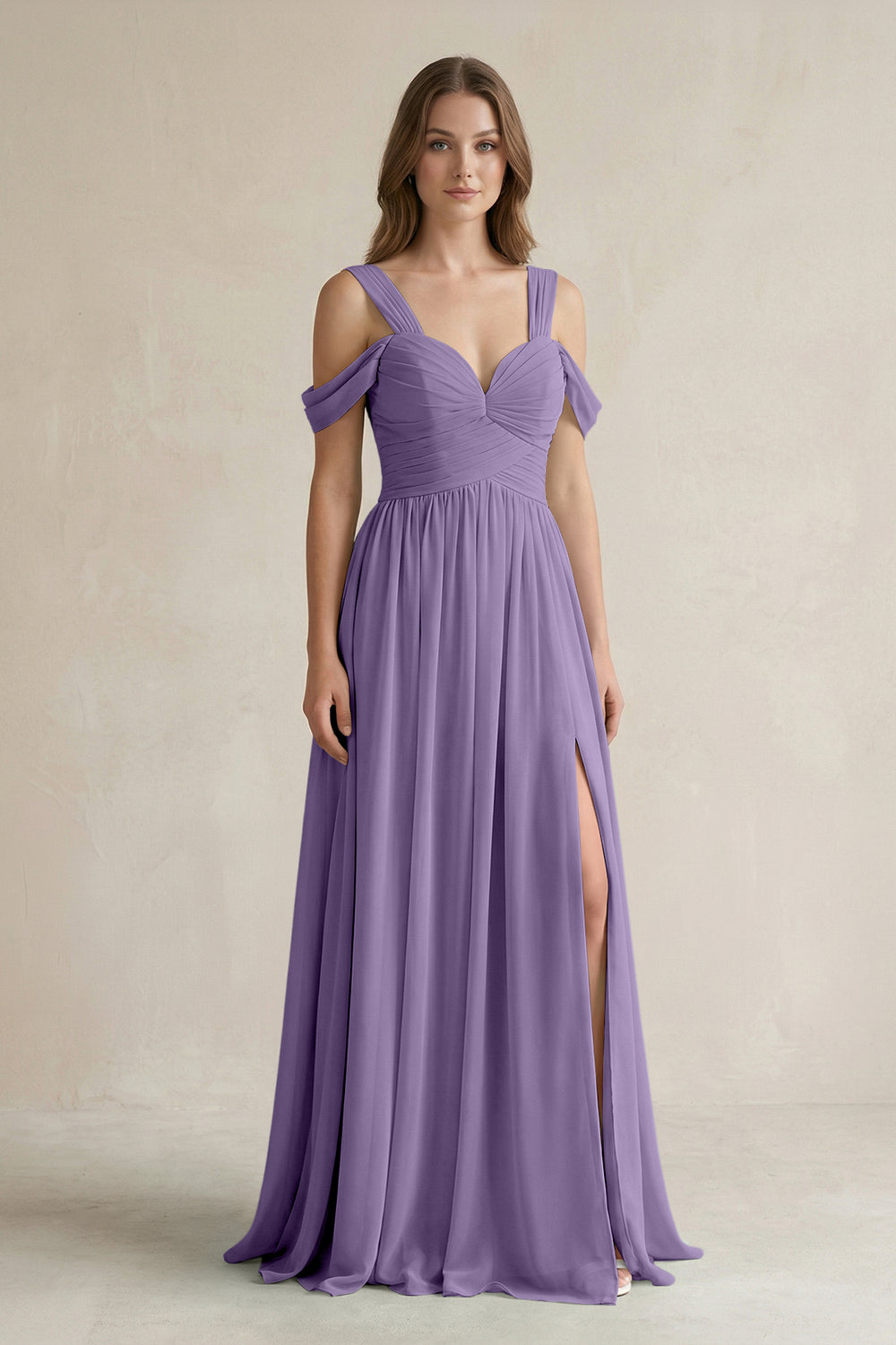 Off-the-Shoulder A-Line Chiffon Bridesmaid Dress With Slit in Tahiti