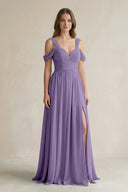Tahiti Off-the-Shoulder A-Line Chiffon Bridesmaid Dress With Slit | KISSBRIDAL
