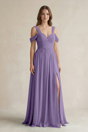 Tahiti Off-the-Shoulder A-Line Chiffon Bridesmaid Dress With Slit | KISSBRIDAL
