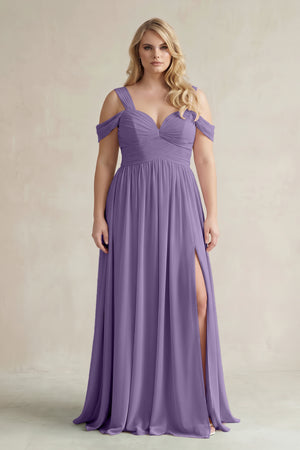 Tahiti Off-the-Shoulder A-Line Chiffon Bridesmaid Dress With Slit | KISSBRIDAL
