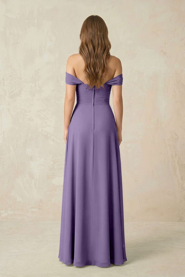 Tahiti Off-the-Shoulder A-Line Chiffon Pleated Bridesmaid Dress (2) | KISSBRIDAL