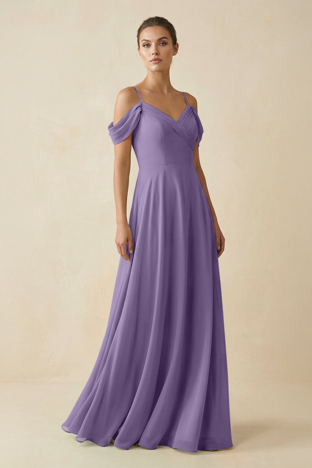 Off-the-Shoulder A-Line Pleated Chiffon Bridesmaid Gown in Tahiti