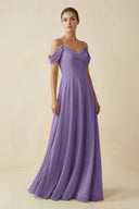 Tahiti Off-the-Shoulder A-Line Pleated Chiffon Bridesmaid Gown | KISSBRIDAL