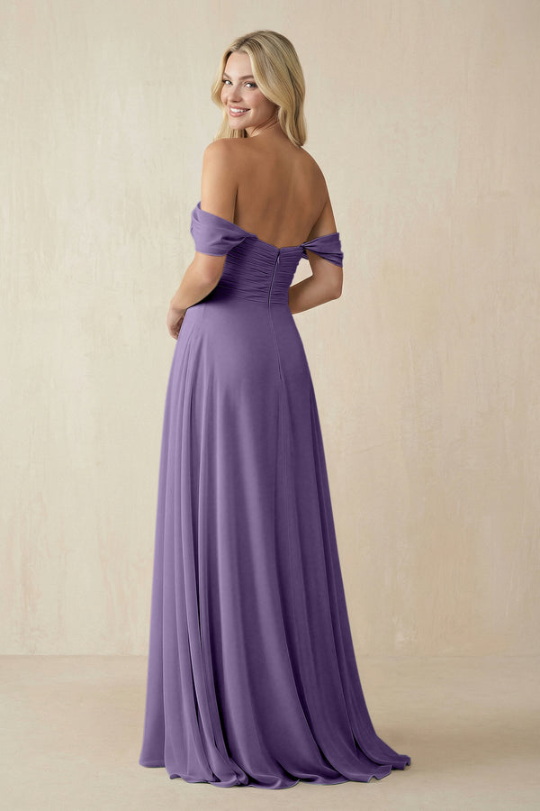 Tahiti Off-the-Shoulder Chiffon A-Line Long Bridesmaid Dress (2) | KISSBRIDAL