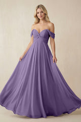 Tahiti Off-the-Shoulder Chiffon A-Line Long Bridesmaid Dress | KISSBRIDAL