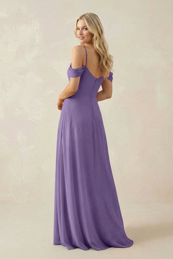 Tahiti Off-the-Shoulder Chiffon A-Line Maxi Bridesmaid Dress (2) | KISSBRIDAL