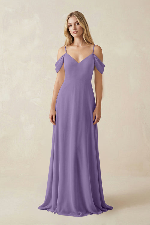 Tahiti Off-the-Shoulder Chiffon A-Line Maxi Bridesmaid Dress | KISSBRIDAL