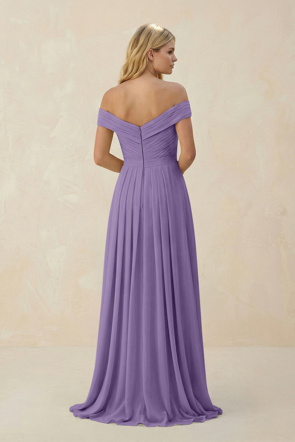 Off-the-Shoulder Pleated A-Line Chiffon Bridesmaid Dress in Tahiti