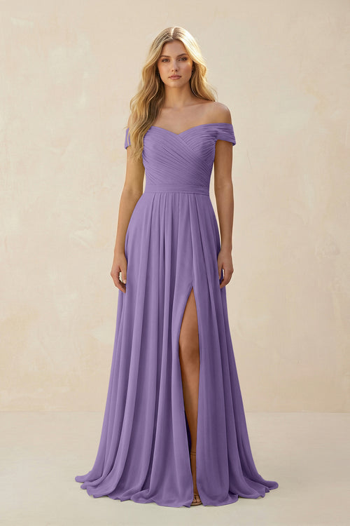 Tahiti Off-the-Shoulder Pleated A-Line Chiffon Bridesmaid Dress | KISSBRIDAL