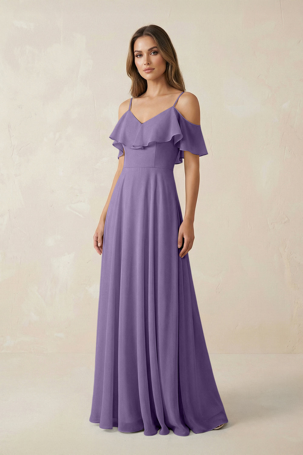 Off-the-Shoulder Ruffled A-Line Chiffon Bridesmaid Dress in Tahiti