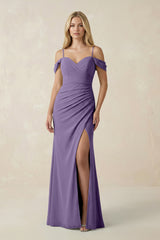 Tahiti Off-the-Shoulder Sheath Chiffon Ruched Bridesmaid Dress | KISSBRIDAL