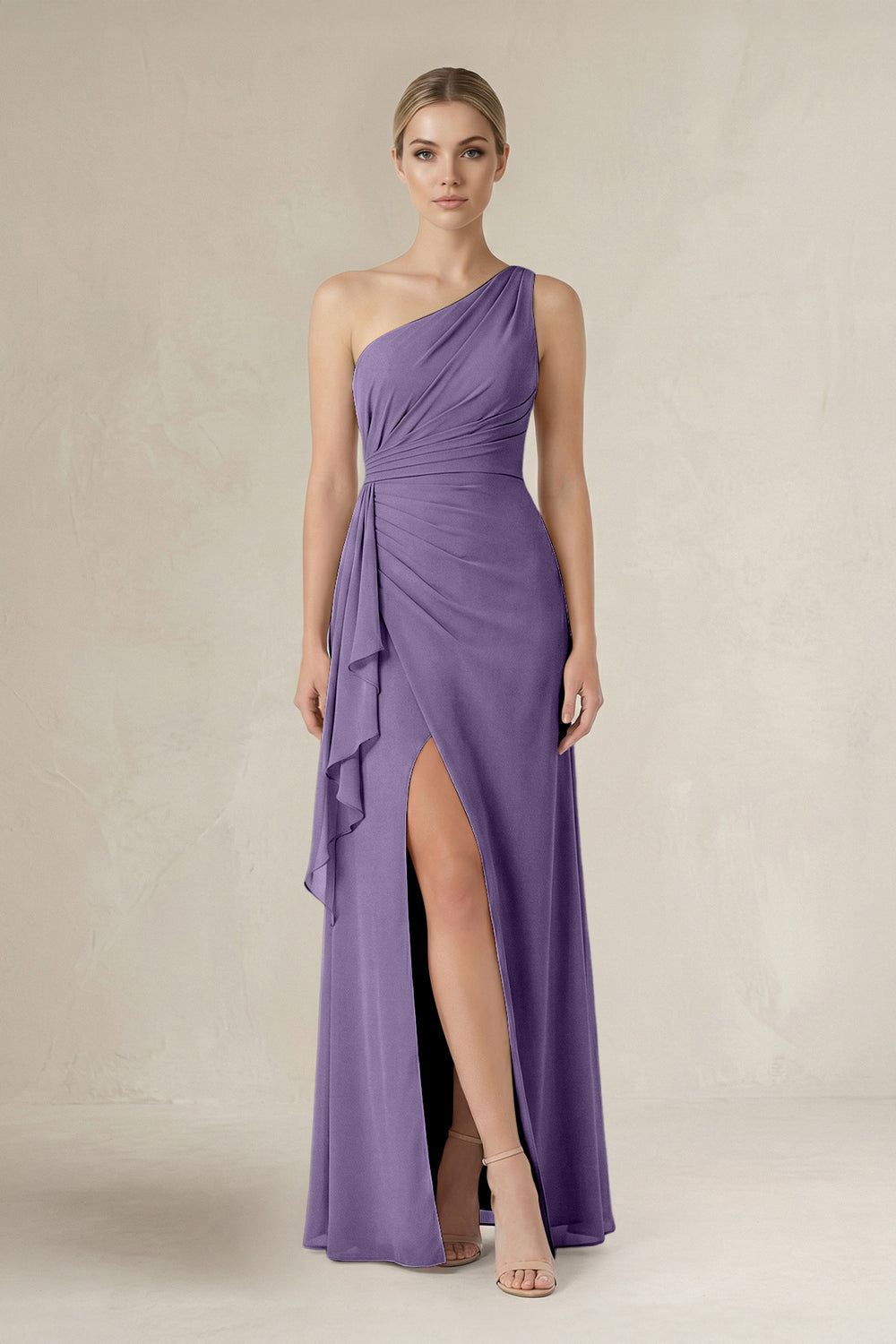 One-Shoulder Sheath Ruched Ruffled Bridesmaid Dress in Tahiti