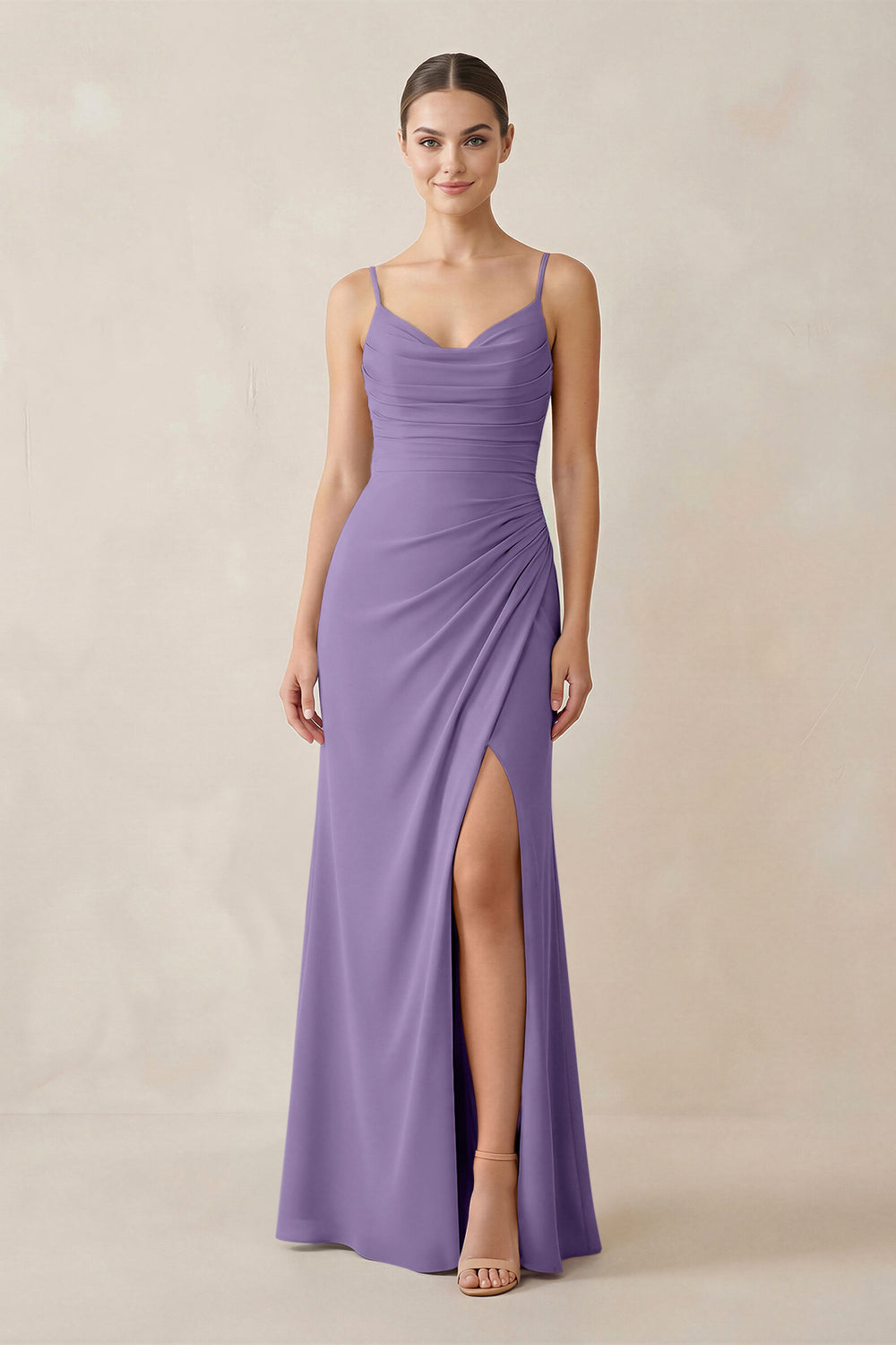 Ruched Sheath Spaghetti Strap Chiffon Bridesmaid Dress in Tahiti