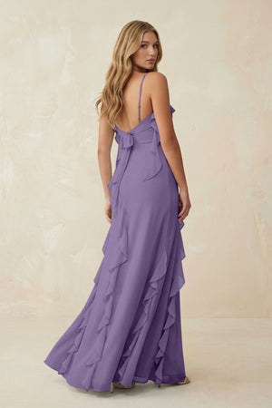 Tahiti Ruffled Cami Strap Chiffon Sheath Bridesmaid Dress (2) | KISSBRIDAL