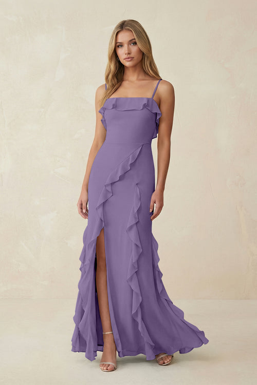 Tahiti Ruffled Cami Strap Chiffon Sheath Bridesmaid Dress | KISSBRIDAL