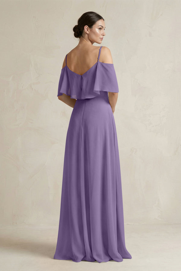 Tahiti Ruffled Off-the-Shoulder A-Line Chiffon Bridesmaid Gown (2) | KISSBRIDAL