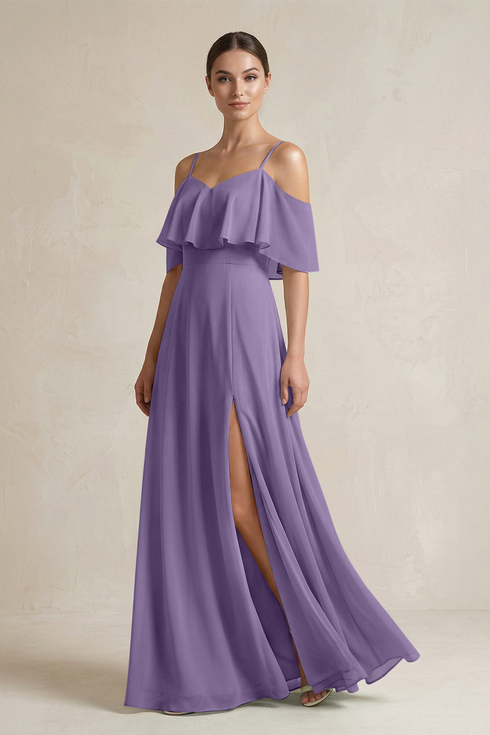 Ruffled Off-the-Shoulder A-Line Chiffon Bridesmaid Gown in Tahiti