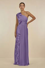 Tahiti Ruffled One-Shoulder Pleated Sheath Bridesmaid Dress | KISSBRIDAL