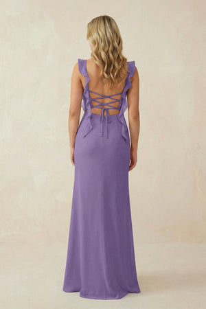 Tahiti Ruffled Sleeve Ruched Sheath Chiffon Bridesmaid Dress (2) | KISSBRIDAL