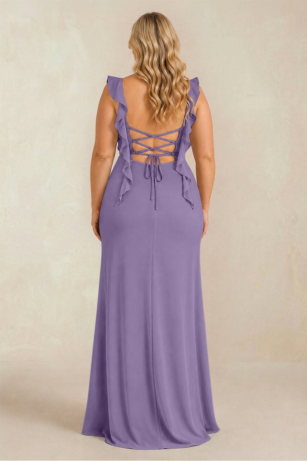 Tahiti Ruffled Sleeve Ruched Sheath Chiffon Bridesmaid Dress (2) [sizeplus] | KISSBRIDAL