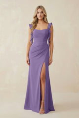 Tahiti Ruffled Sleeve Ruched Sheath Chiffon Bridesmaid Dress | KISSBRIDAL