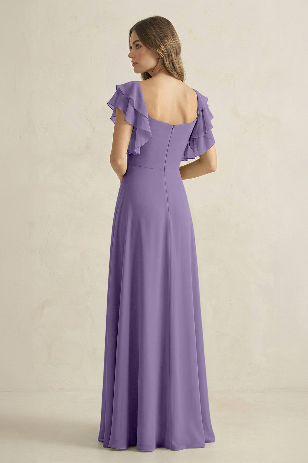 Ruffled Sleeves A-Line Chiffon Bridesmaid Dress in Tahiti