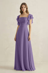 Tahiti Ruffled Sleeves A-Line Chiffon Bridesmaid Dress | KISSBRIDAL