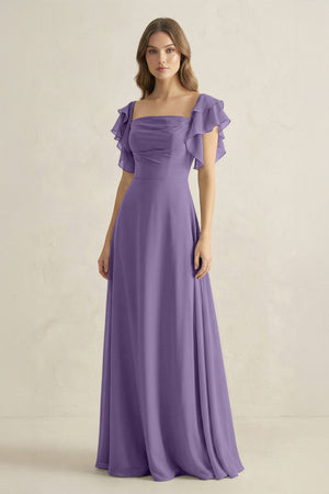 Tahiti Ruffled Sleeves A-Line Chiffon Bridesmaid Dress | KISSBRIDAL