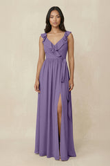 Tahiti Ruffled V-Neck A-Line Chiffon Bridesmaid Dress | KISSBRIDAL
