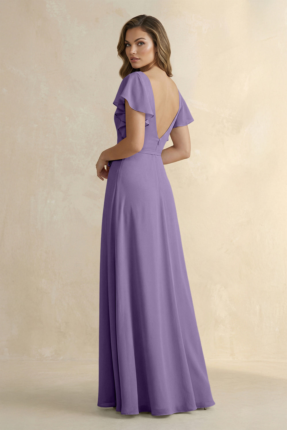 Ruffled V-Neck Chiffon A-Line Bridesmaid Dress in Tahiti