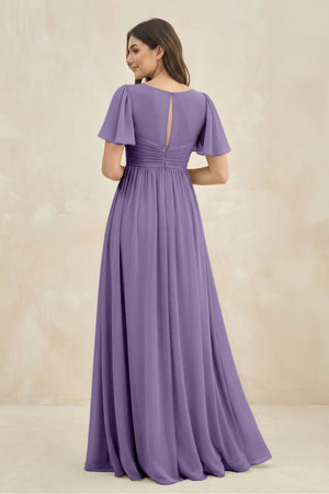 Tahiti Short Sleeve Chiffon V-Neck A-Line Bridesmaid Dress (2) | KISSBRIDAL