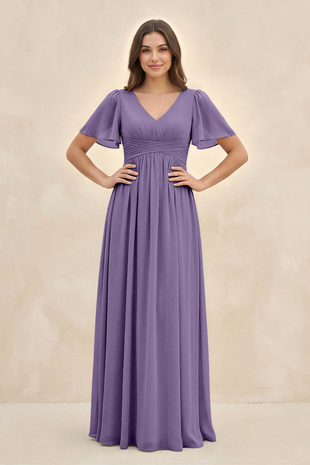 Short Sleeve Chiffon V-Neck A-Line Bridesmaid Dress in Tahiti