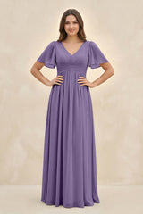 Tahiti Short Sleeve Chiffon V-Neck A-Line Bridesmaid Dress | KISSBRIDAL
