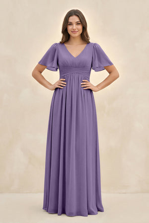 Tahiti Short Sleeve Chiffon V-Neck A-Line Bridesmaid Dress | KISSBRIDAL