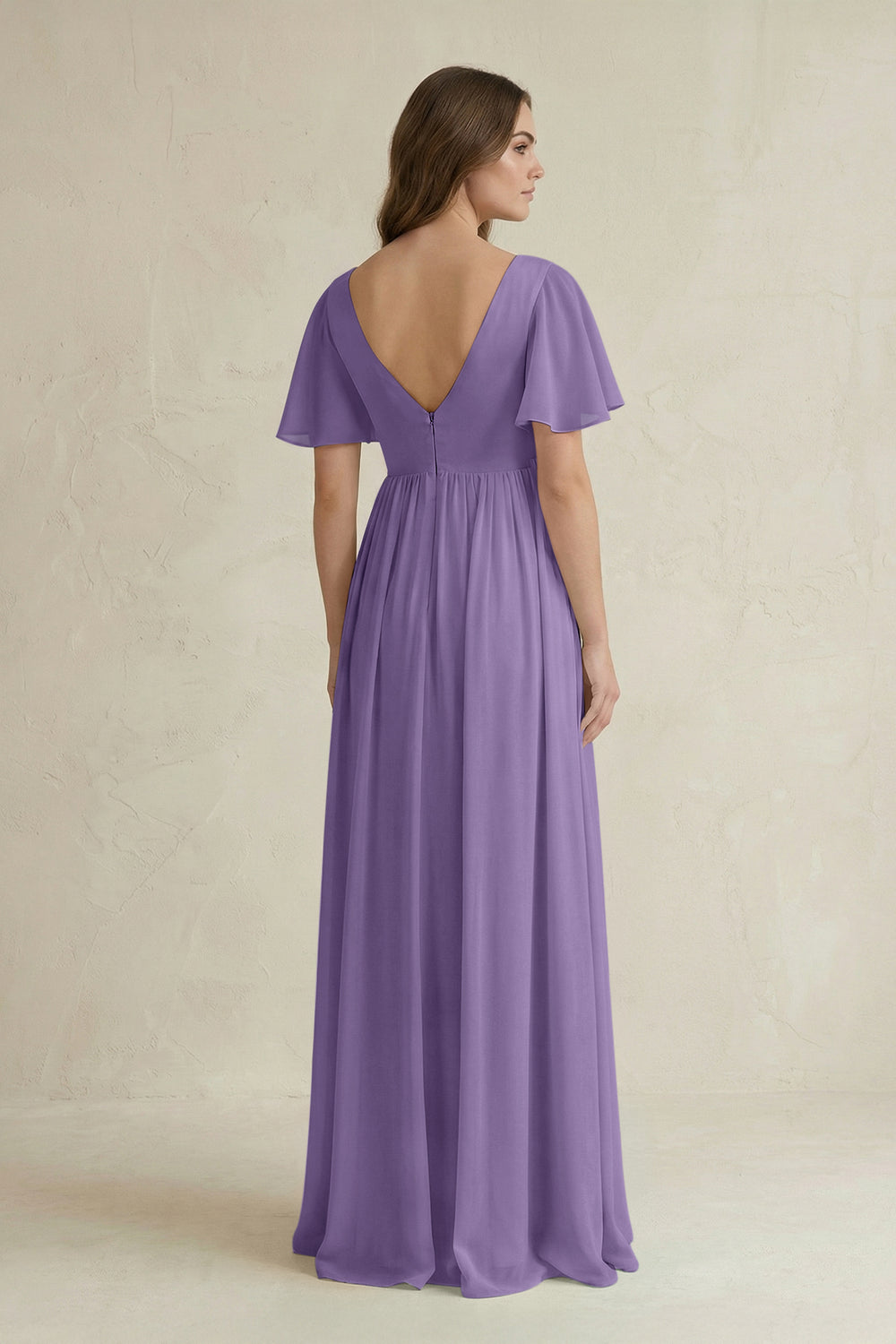 Short Sleeve V-Neck A-Line Chiffon Bridesmaid Dress in Tahiti