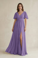 Tahiti Short Sleeve V-Neck A-Line Chiffon Bridesmaid Dress | KISSBRIDAL