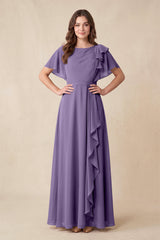 Tahiti Short Sleeves Bateau A-Line Chiffon Bridesmaid Dress | KISSBRIDAL