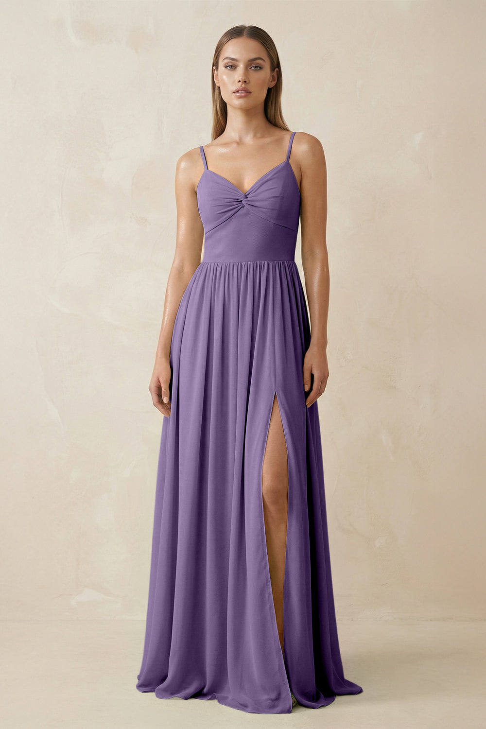 Spaghetti Strap Pleated A-Line Chiffon Bridesmaid Dress in Tahiti