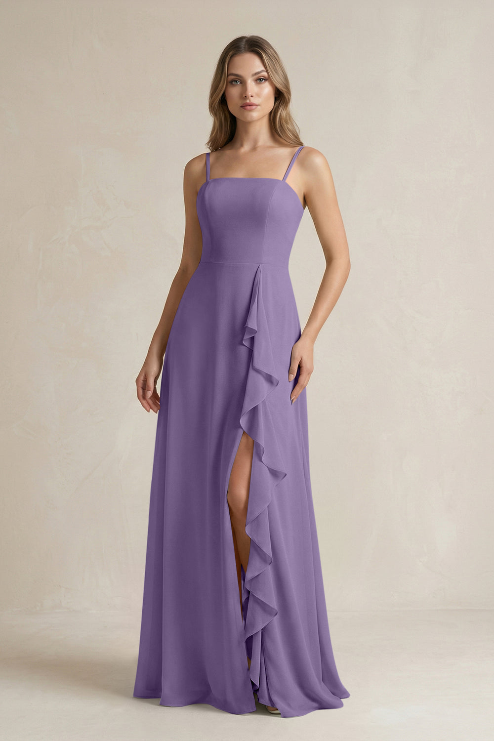 Spaghetti Strap Ruffled A-Line Chiffon Bridesmaid Dress in Tahiti