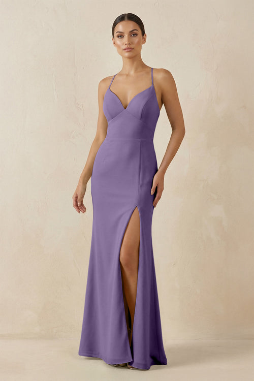 Tahiti Spaghetti Strap Sheath Chiffon Bridesmaid Dress With Slit | KISSBRIDAL