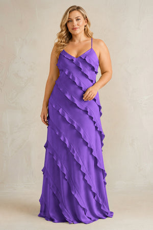 Tahiti Spaghetti Straps Sheath Stain Ruffled Bridesmaid Dress | KISSBRIDAL[sizeplus]