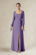 Tahiti Square Neck Long Sleeve A-Line Chiffon Bridesmaid Dress in Tahiti | KISSBRIDAL